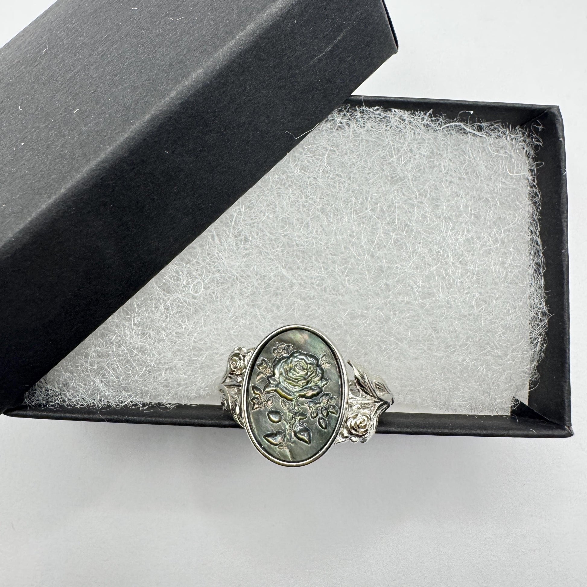 Vintage Rose Flower Abalone Cameo 925 Sterling Silver Ring Adjustable