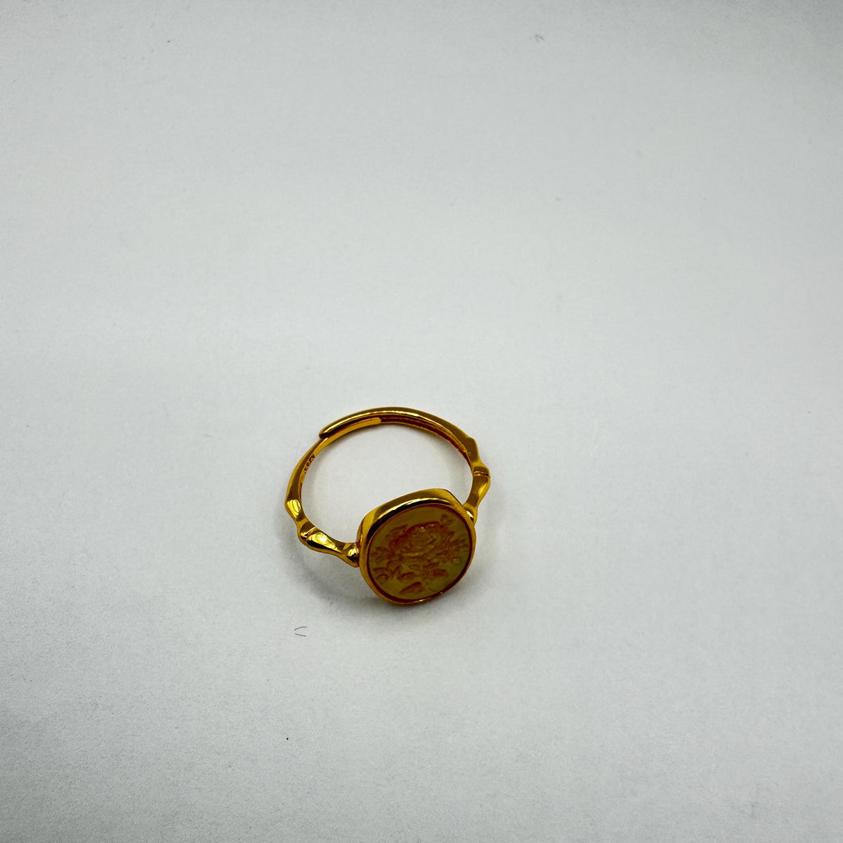 Vintage Rose Flower Abalone Cameo Gold 925 Sterling Silver Ring Adjustable