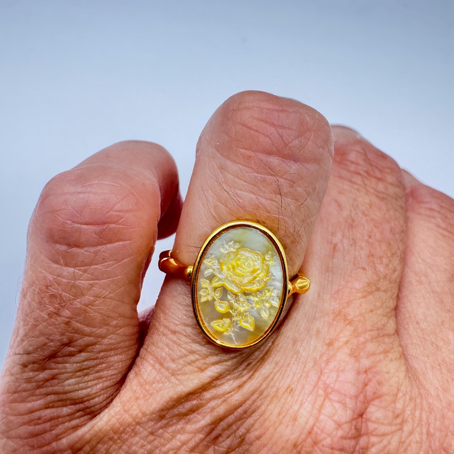 Vintage Rose Flower Abalone Cameo Gold 925 Sterling Silver Ring Adjustable