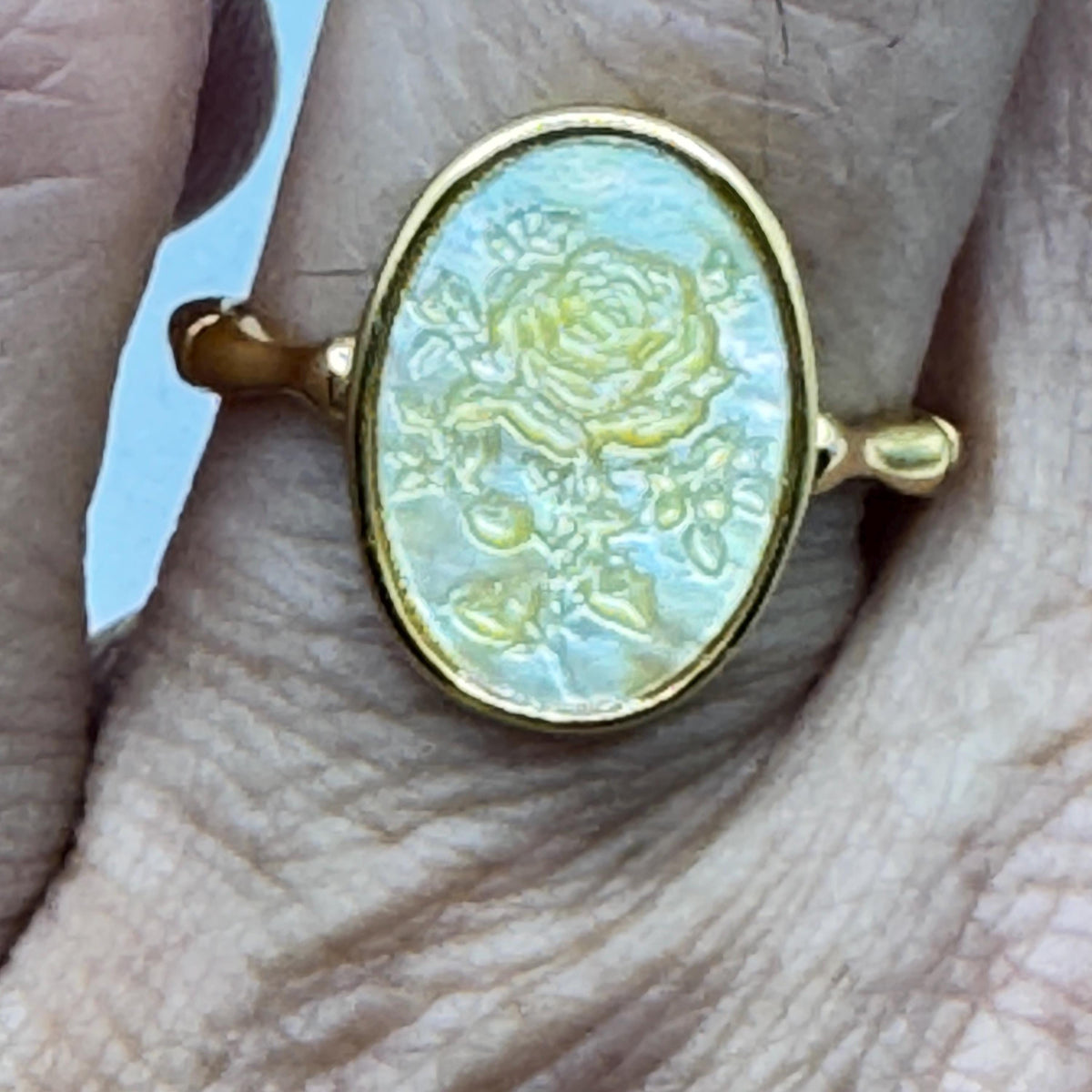 Vintage Rose Flower Abalone Cameo Gold 925 Sterling Silver Ring Adjustable