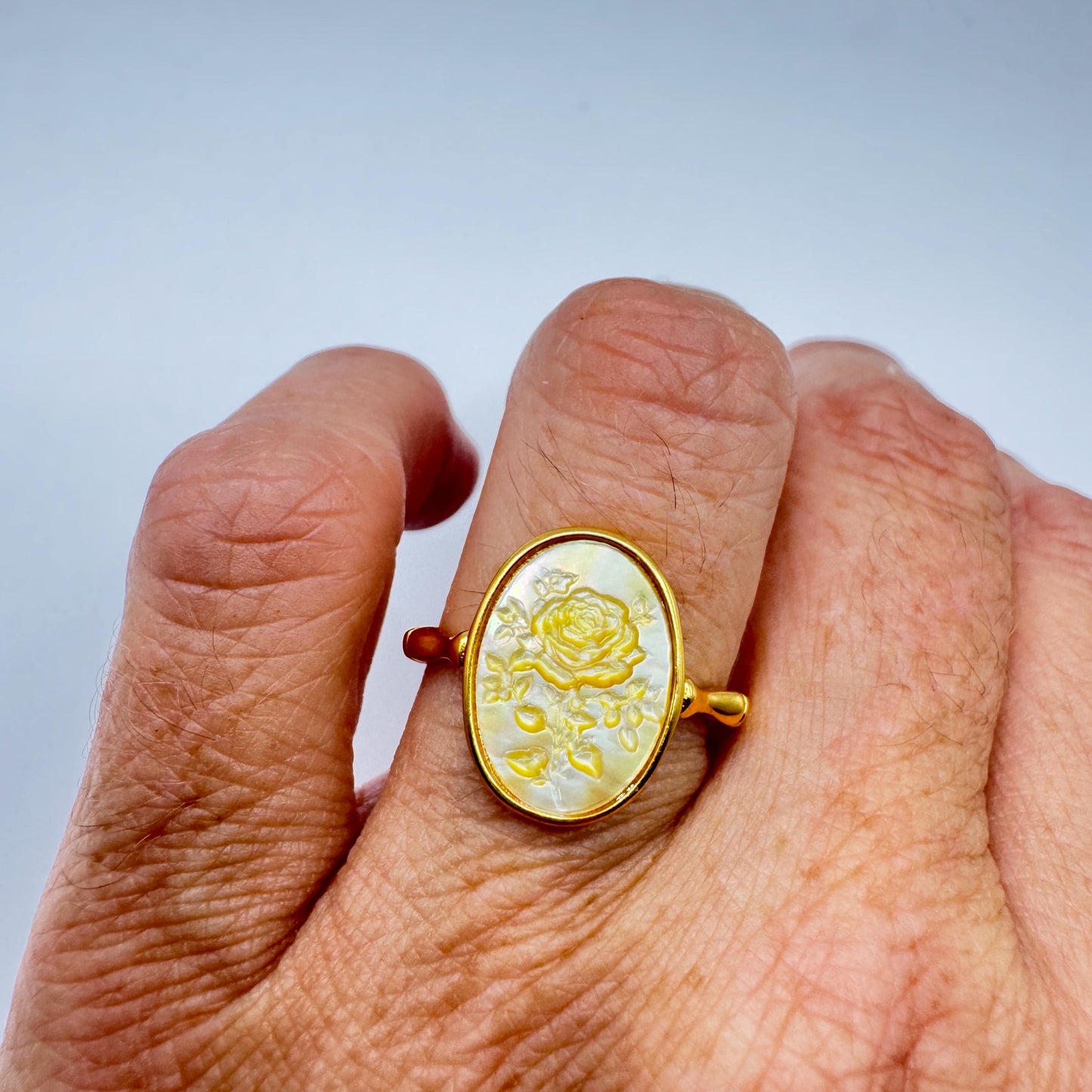 Vintage Rose Flower Abalone Cameo Gold 925 Sterling Silver Ring Adjustable