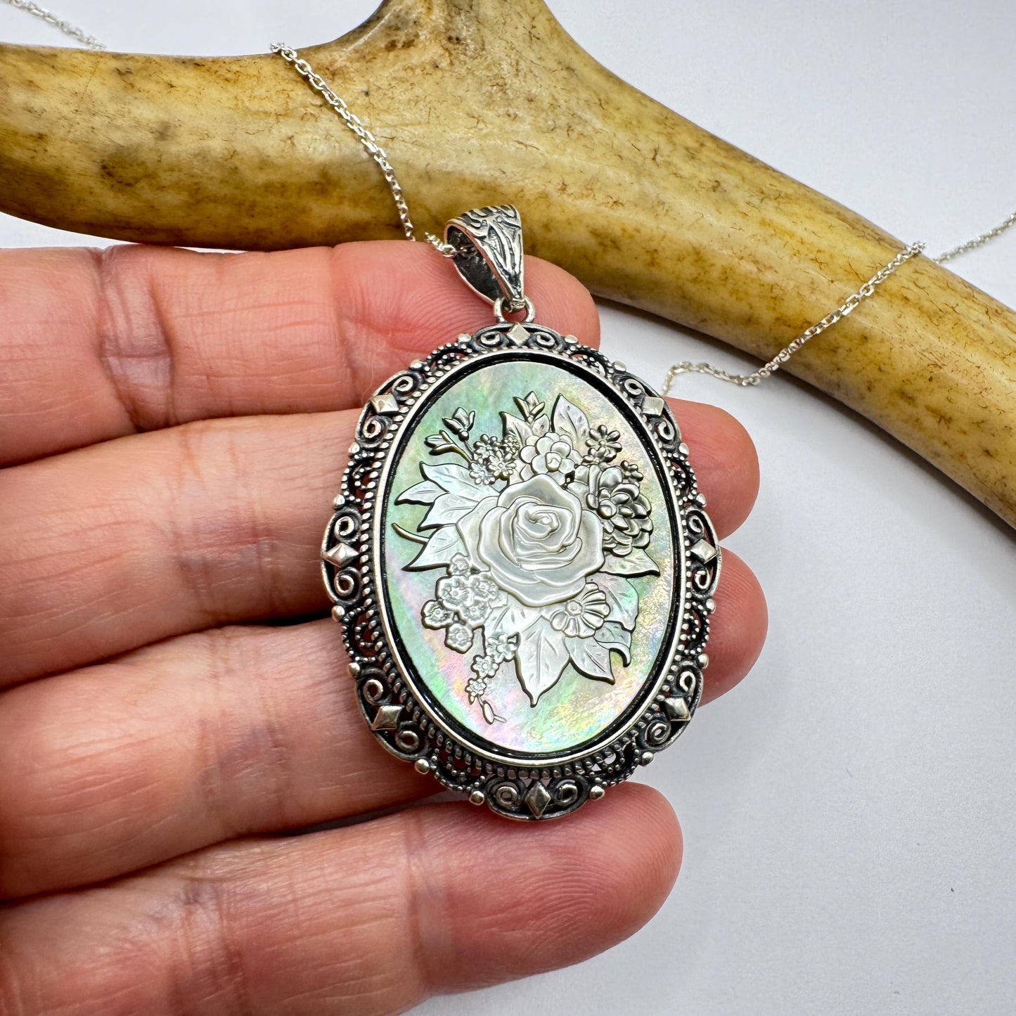 Vintage Rose Flower Cameo Yellow Golden 925 Sterling Silver Necklace Choker