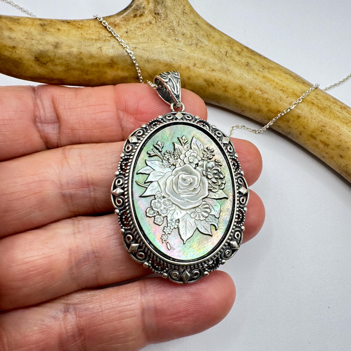 Vintage Rose Flower Cameo Yellow Golden 925 Sterling Silver Necklace Choker