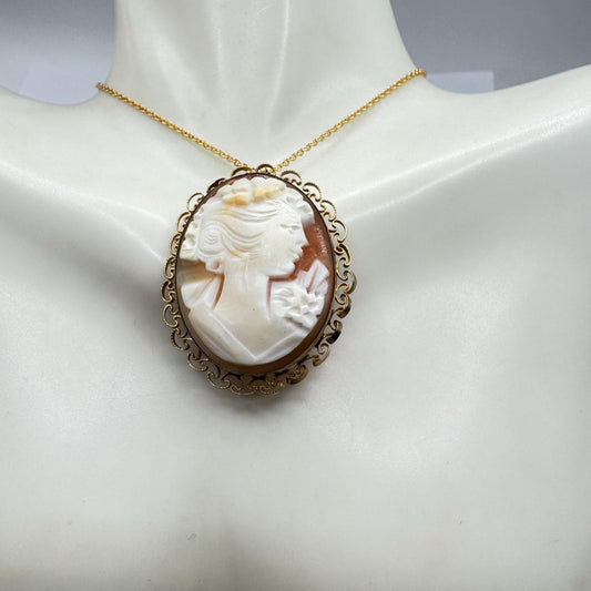 Vintage Shell Cameo Yellow Golden Filled Necklace Choker Pin Brooch
