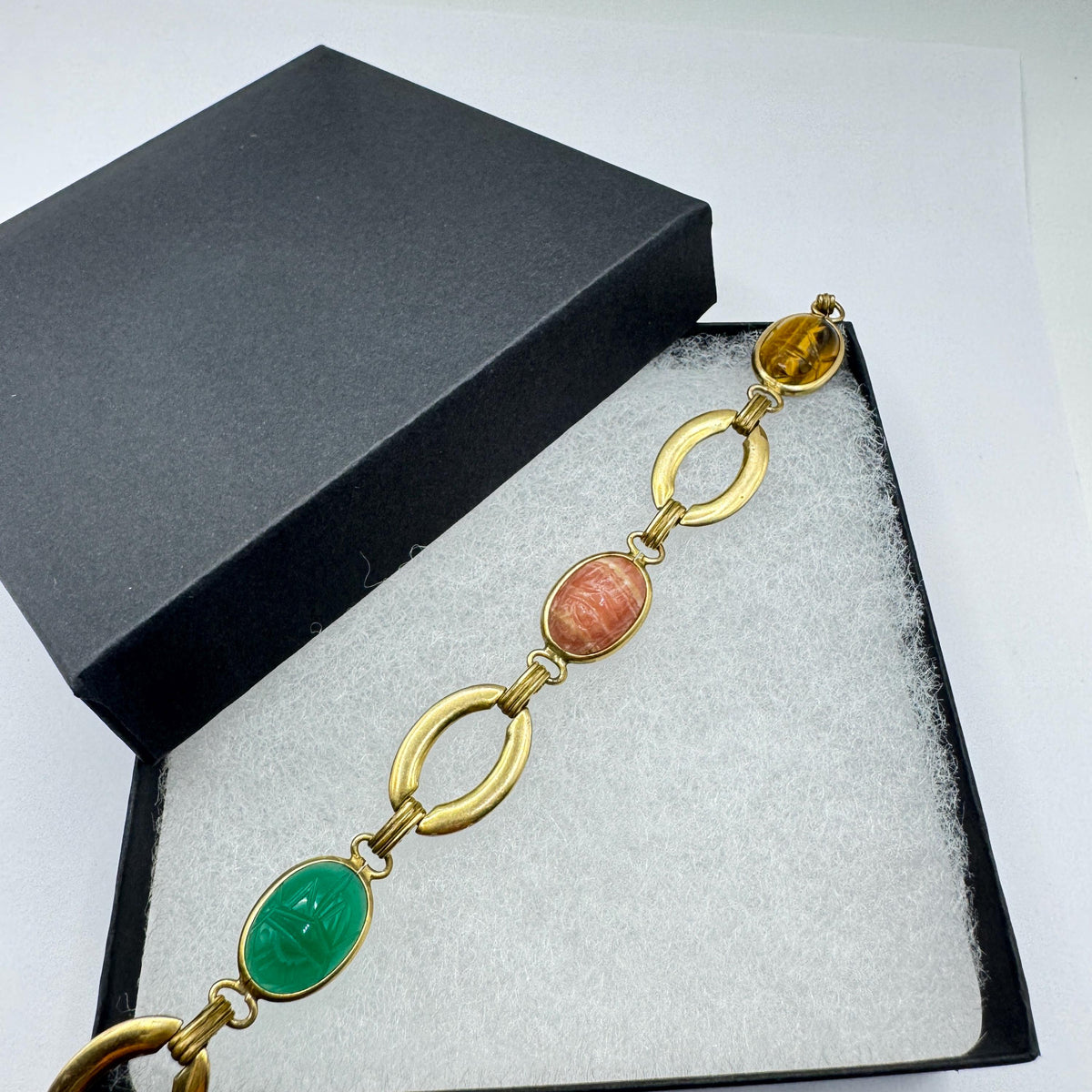 Vintage Scarab Bracelet Golden filled Carved Gemstones