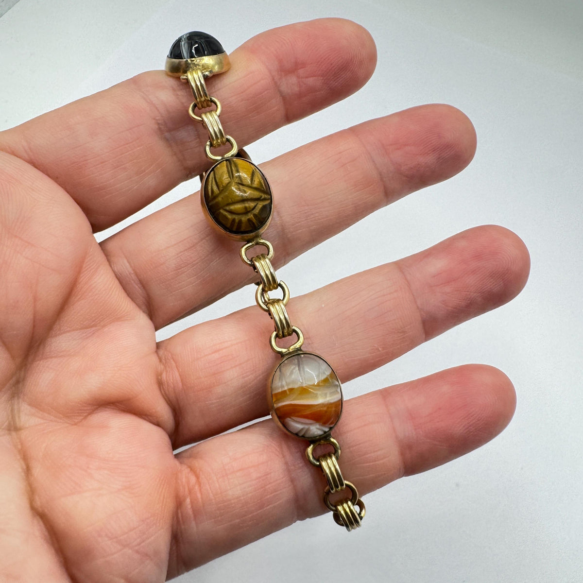 Vintage Scarab Bracelet Golden filled Carved Gemstones