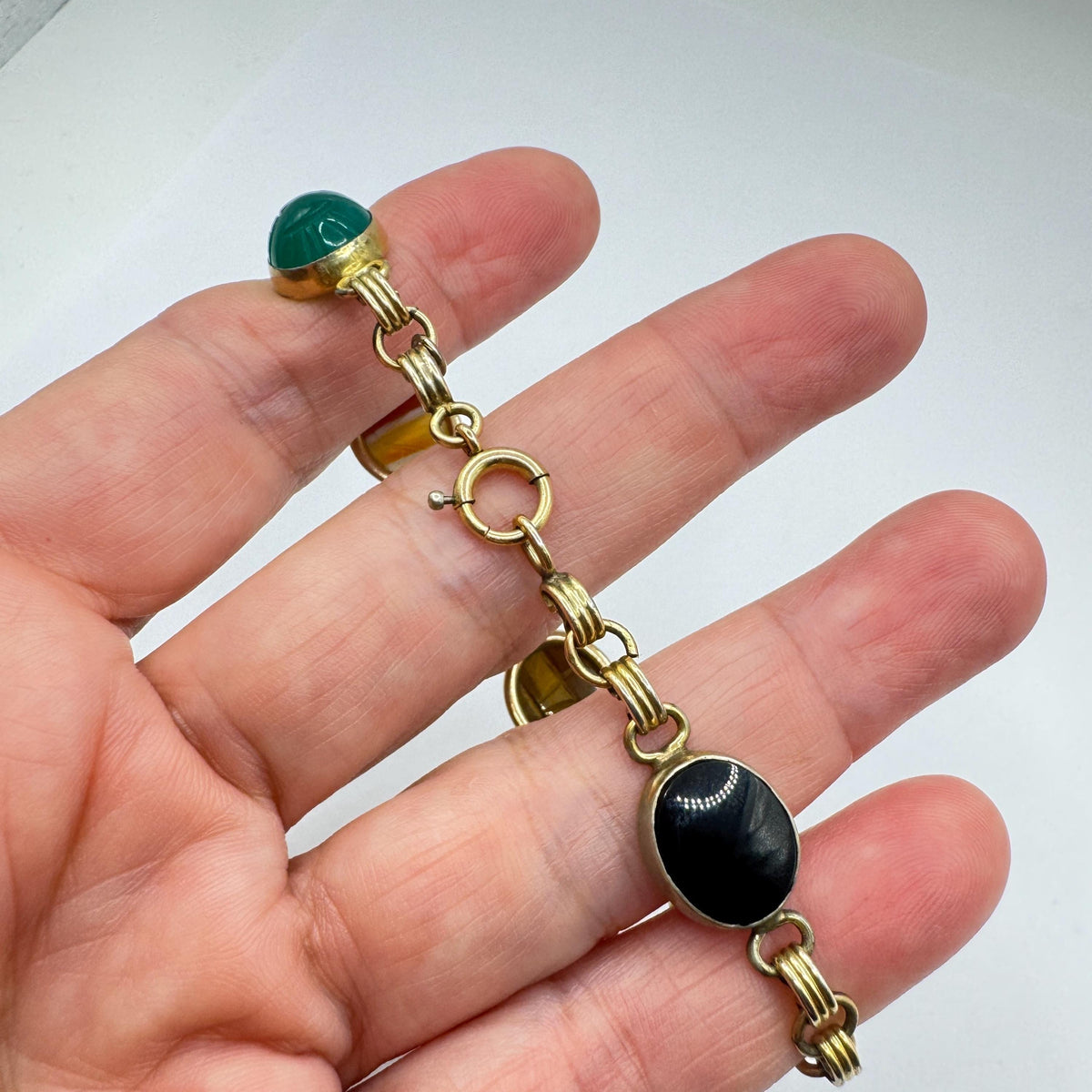 Vintage Scarab Bracelet Golden filled Carved Gemstones