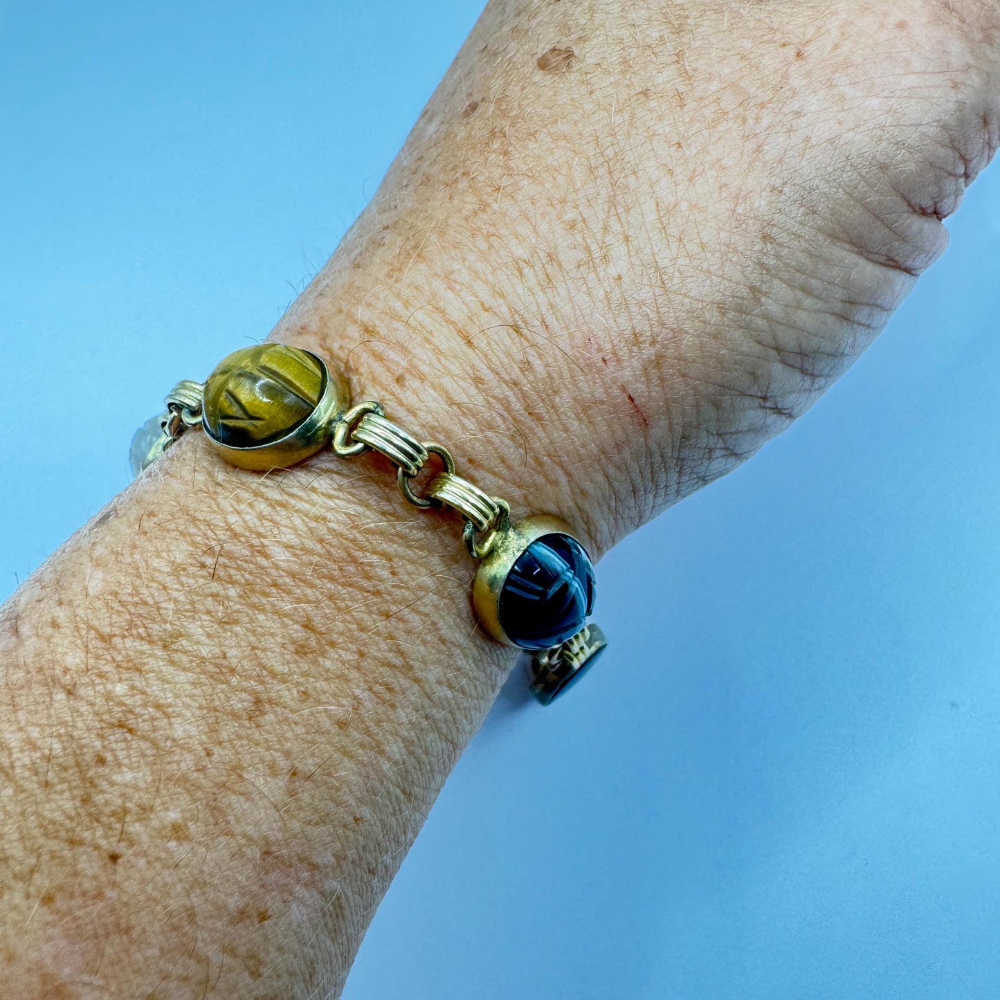 Vintage Scarab Bracelet Golden filled Carved Gemstones