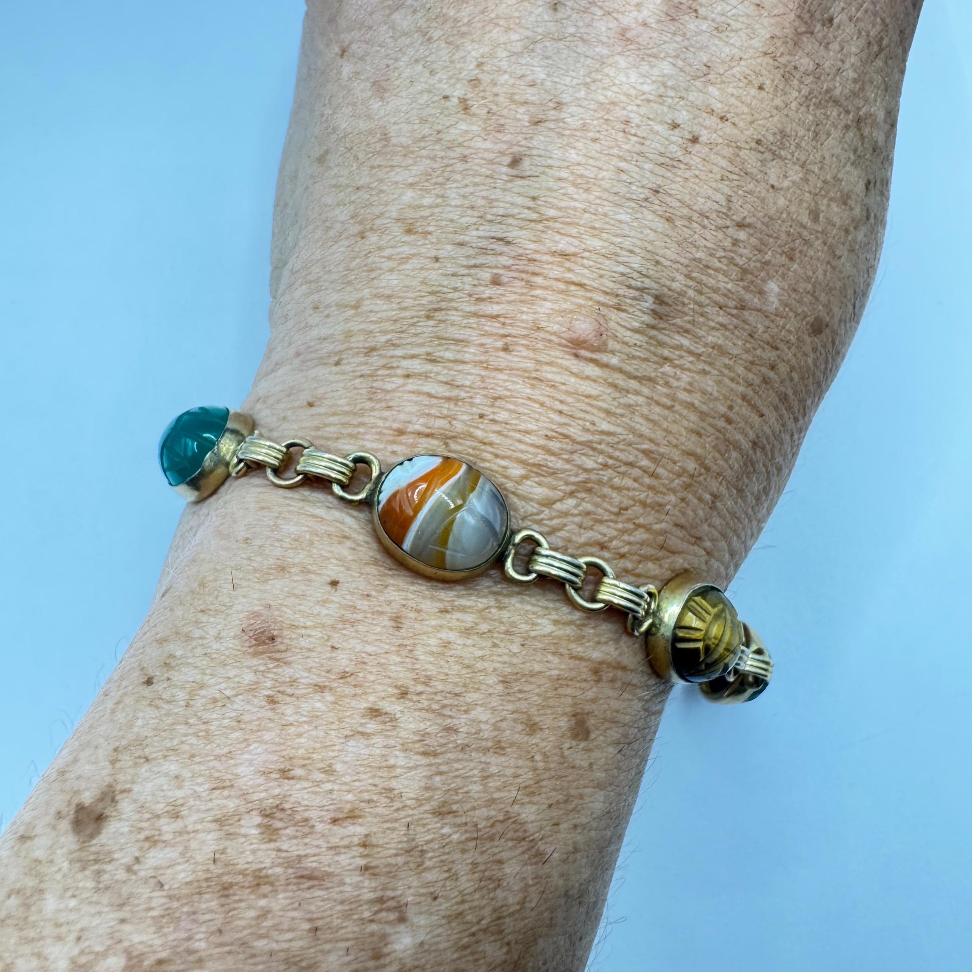 Vintage Scarab Bracelet Golden filled Carved Gemstones