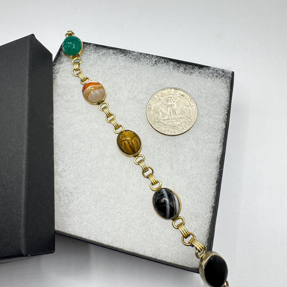 Vintage Scarab Bracelet Golden filled Carved Gemstones
