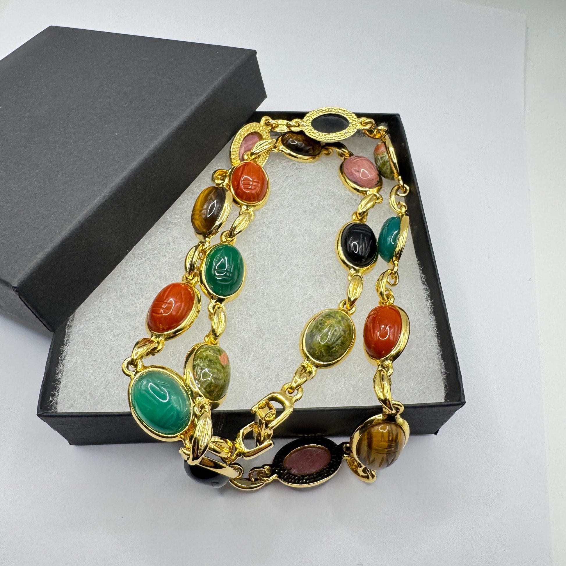 Vintage Mixed Gemstone Scarab Golden Fill Necklace