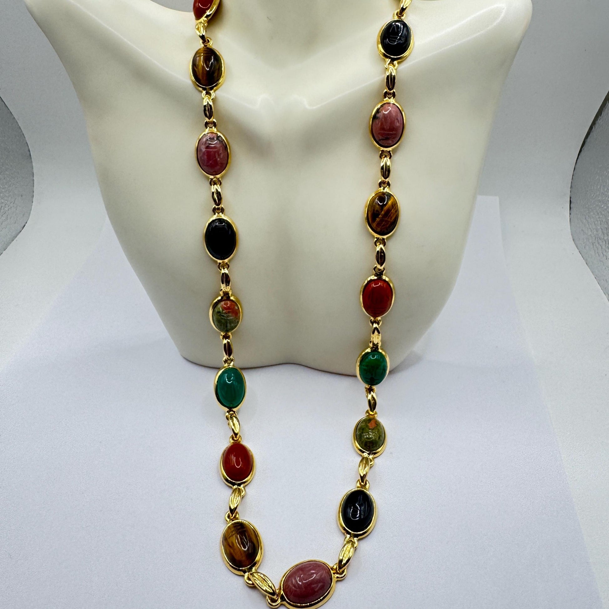 Vintage Mixed Gemstone Scarab Golden Fill Necklace