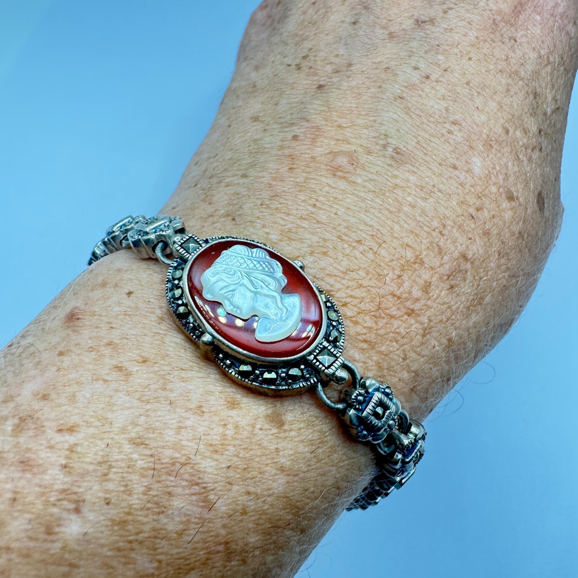 Vintage Cameo Bracelet 925 sterling silver marcasite