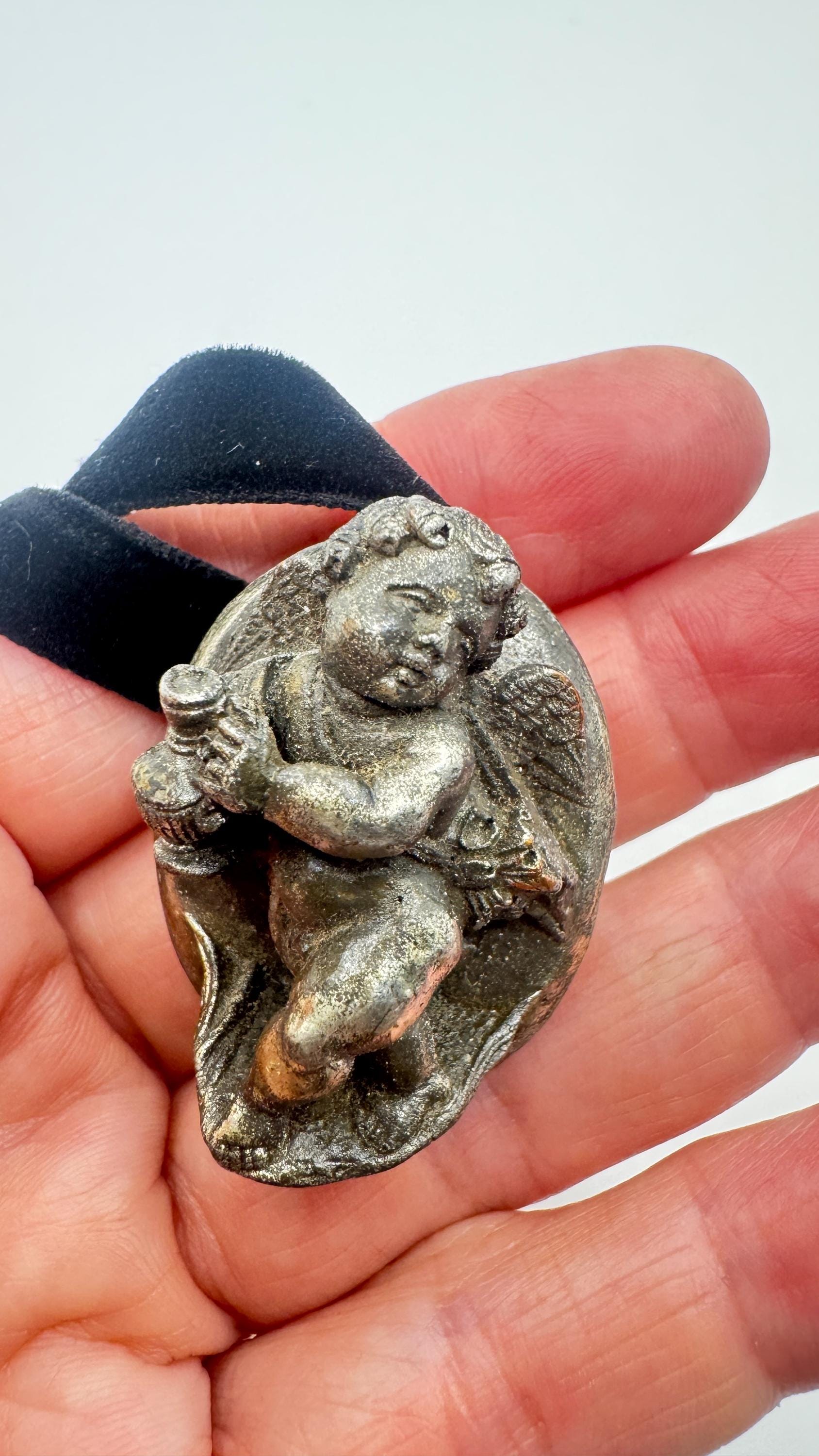 Vintage Deco Silver Bronze Angel Cherub Brooch Pin