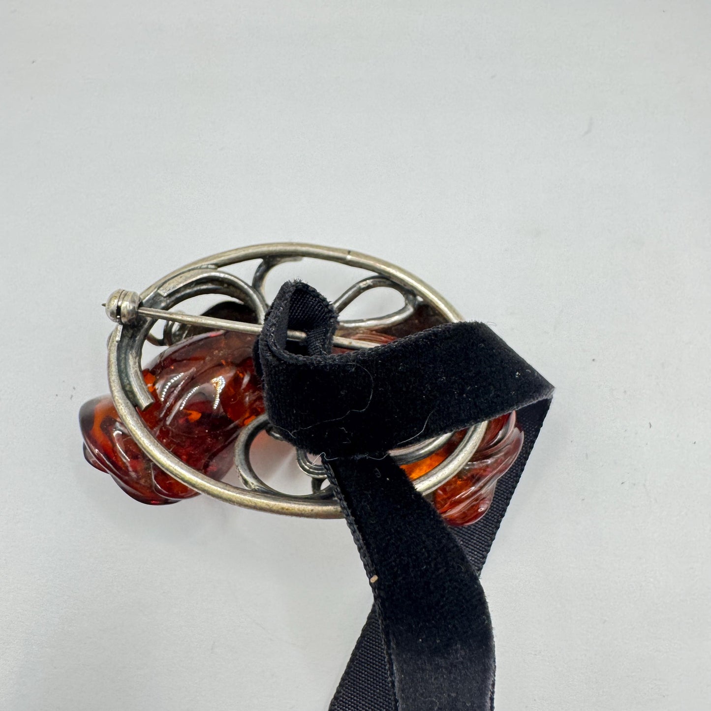 Vintage Hand Carved Golden Baltic Resin Rose Brooch Pin 925 Sterling Silver