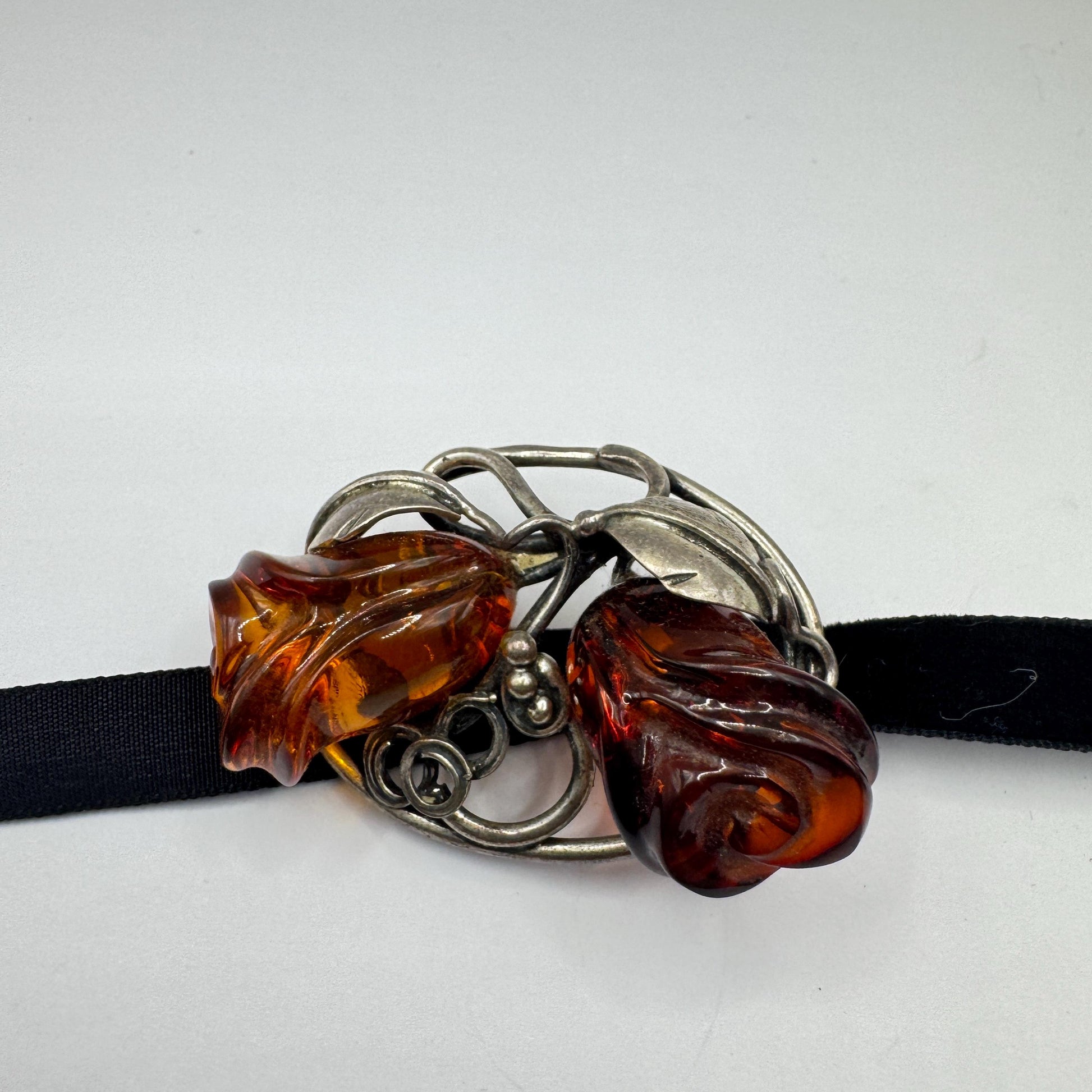 Vintage Hand Carved Golden Baltic Resin Rose Brooch Pin 925 Sterling Silver