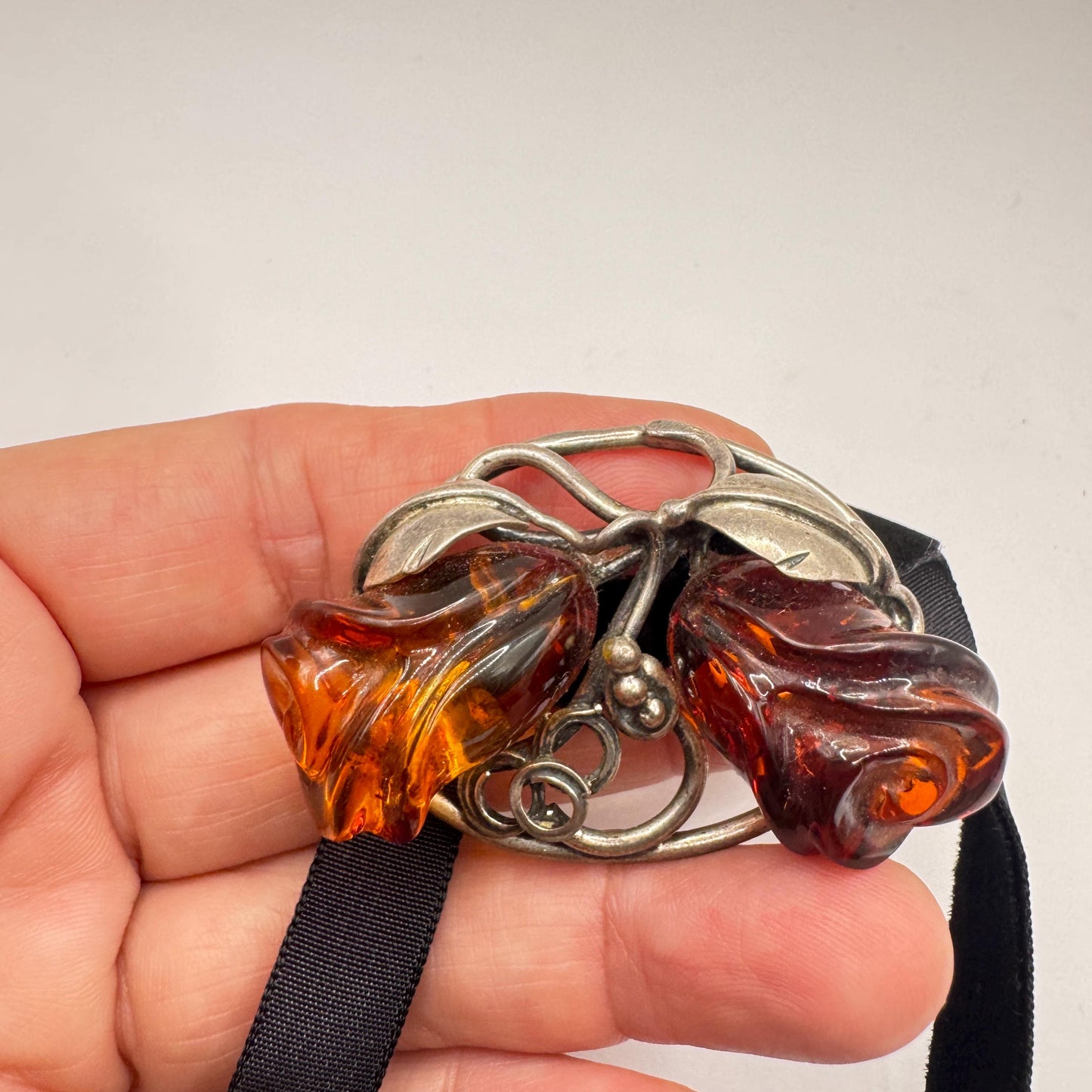Vintage Hand Carved Golden Baltic Resin Rose Brooch Pin 925 Sterling Silver
