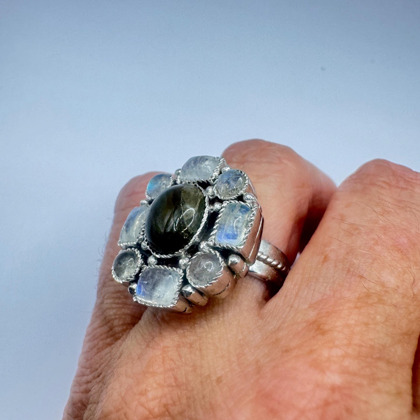 Vintage White Rainbow Moonstone Ring 925 Sterling Silver