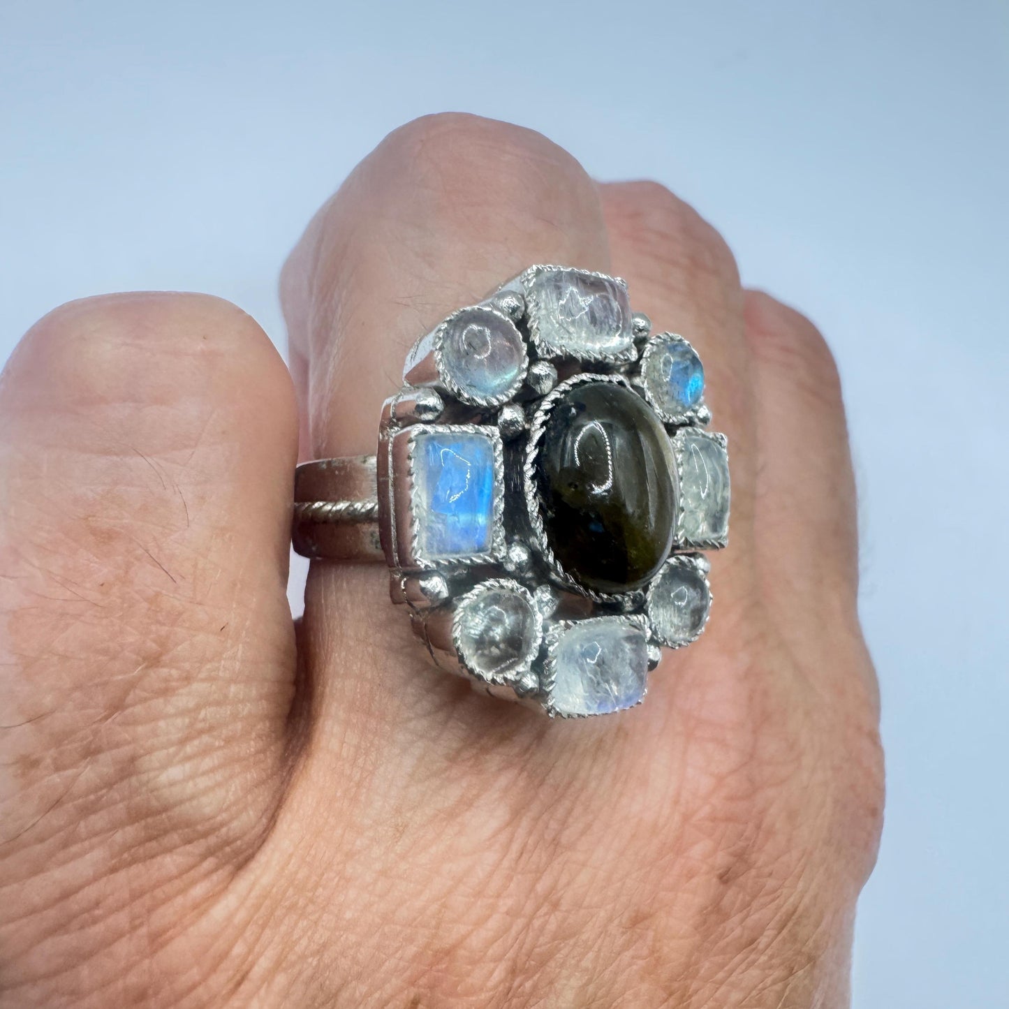 Vintage White Rainbow Moonstone Ring 925 Sterling Silver