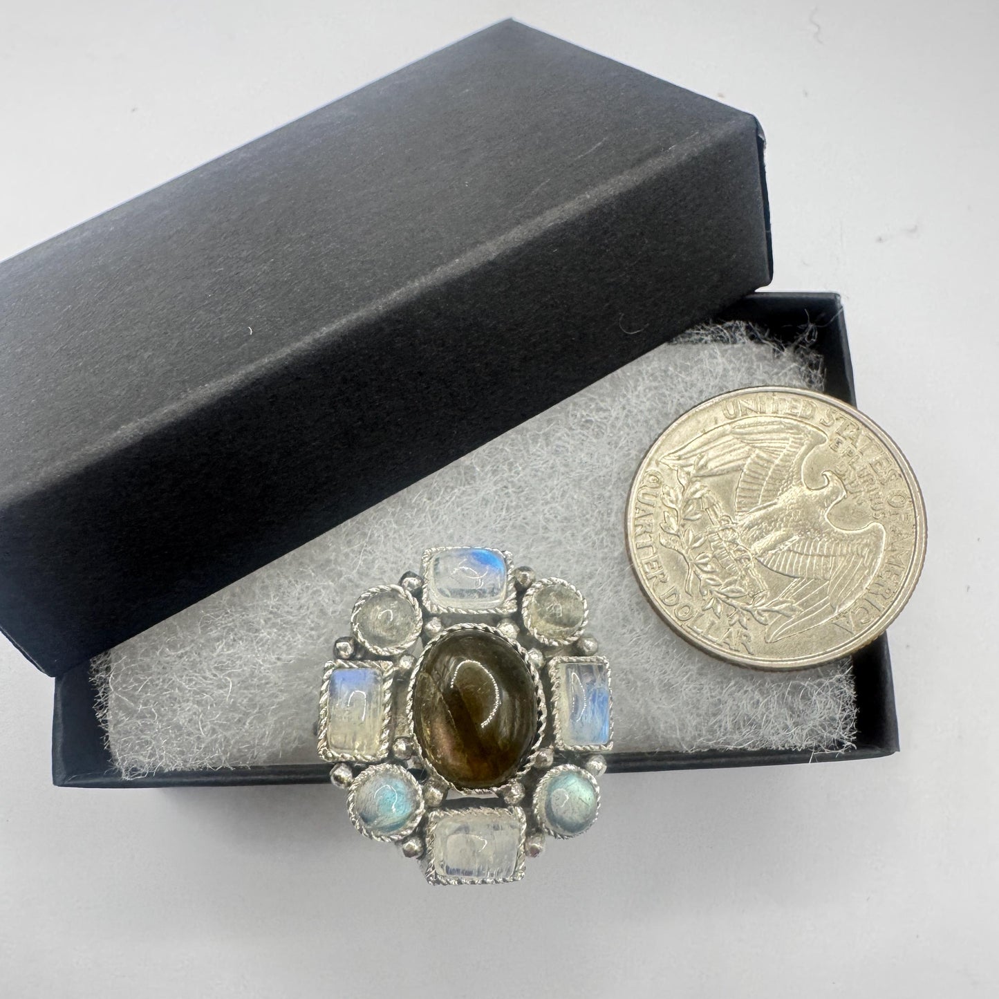 Vintage White Rainbow Moonstone Ring 925 Sterling Silver