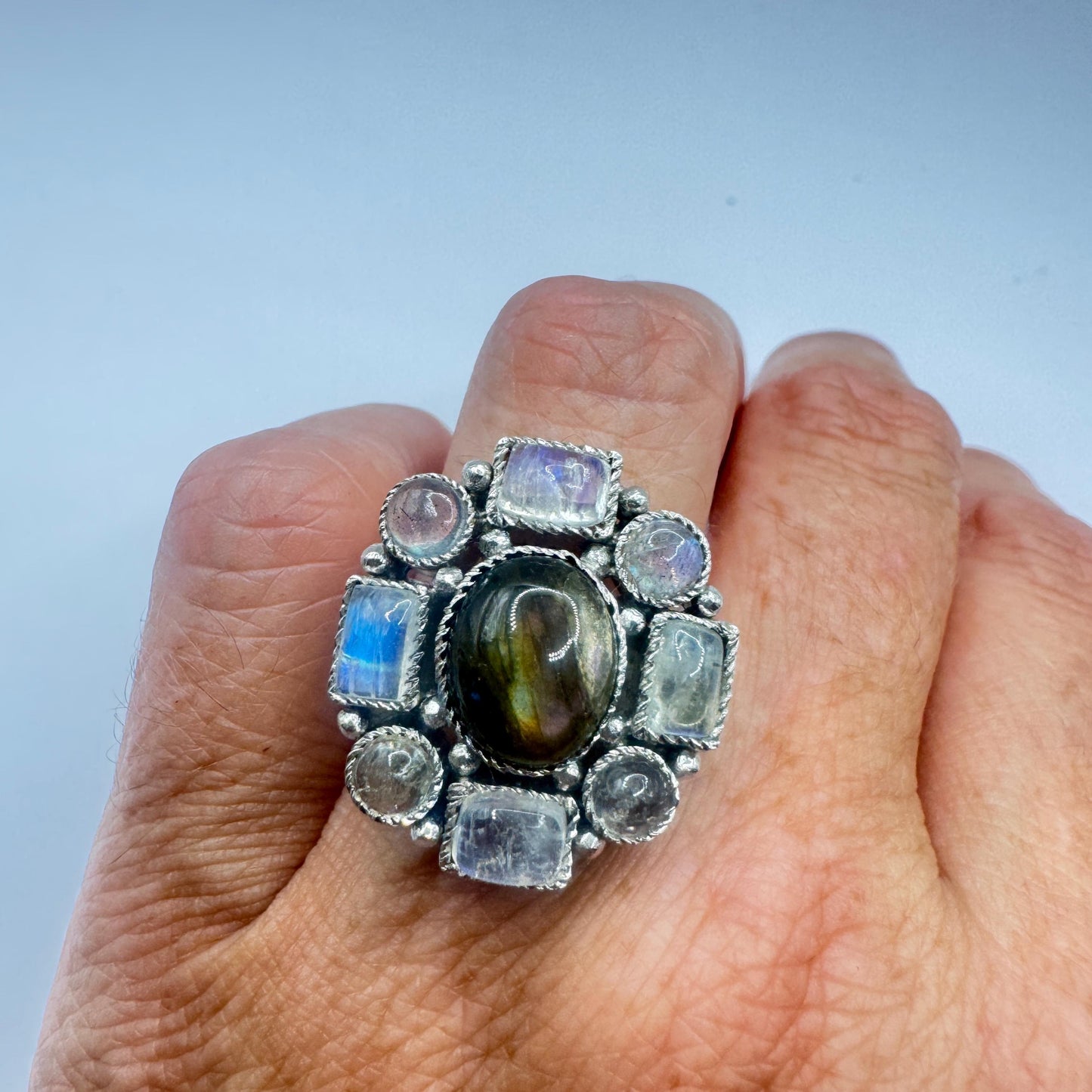 Vintage White Rainbow Moonstone Ring 925 Sterling Silver