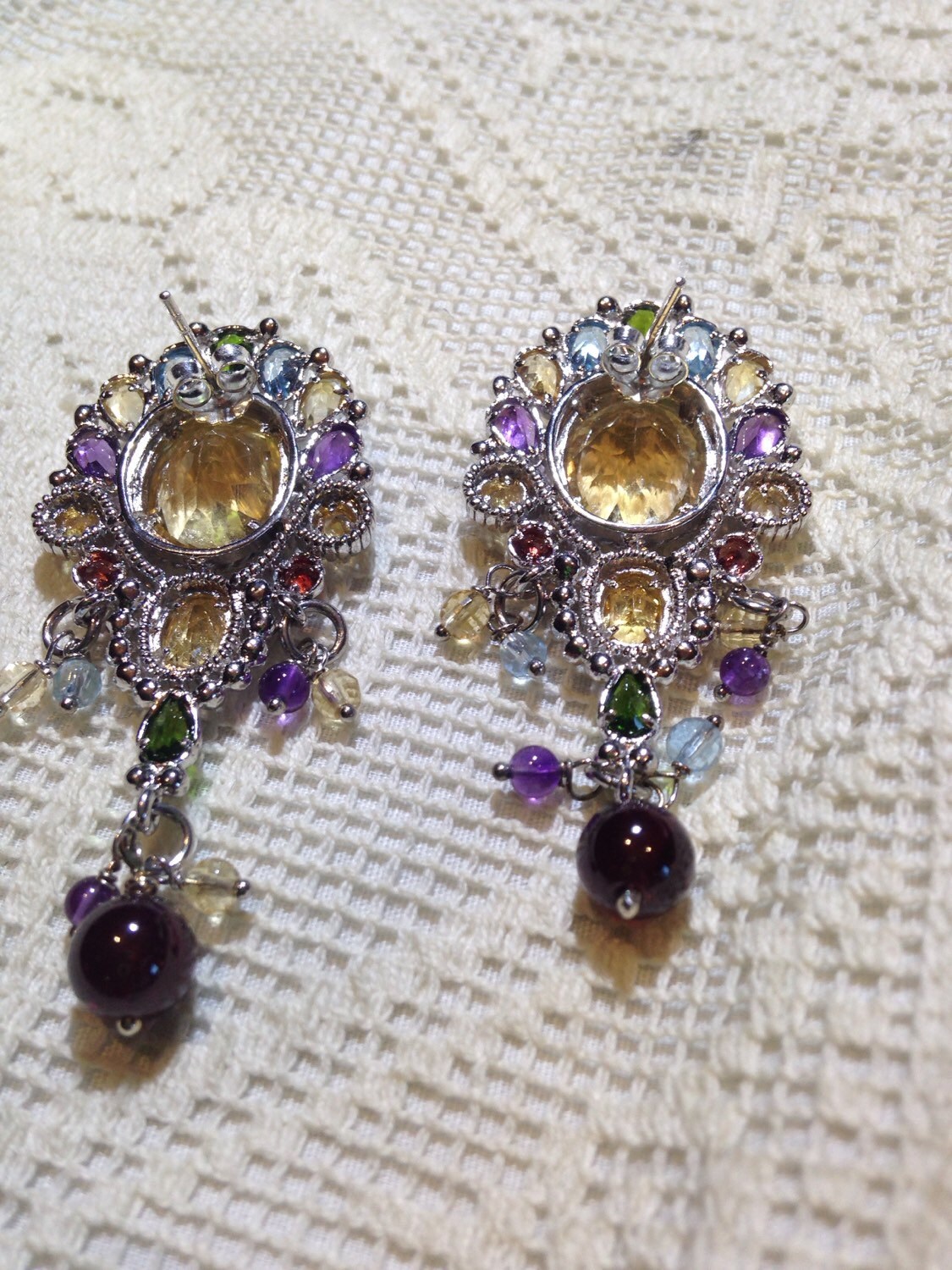 Vintage Citrine Garnet Filigree 925 Sterling Silver Dangle Chandelier Earrings