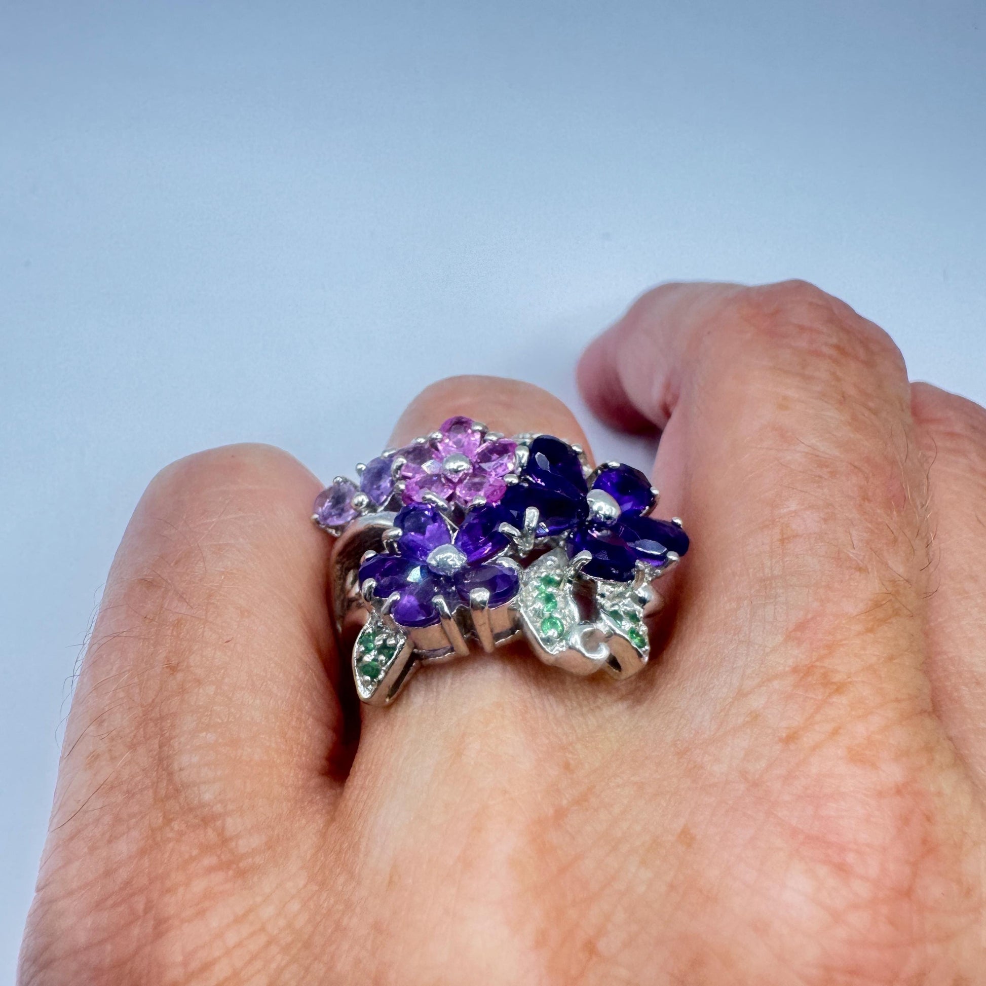 Vintage Purple Amethyst and Tourmaline Flower Ring 925 Sterling Silver Size 6
