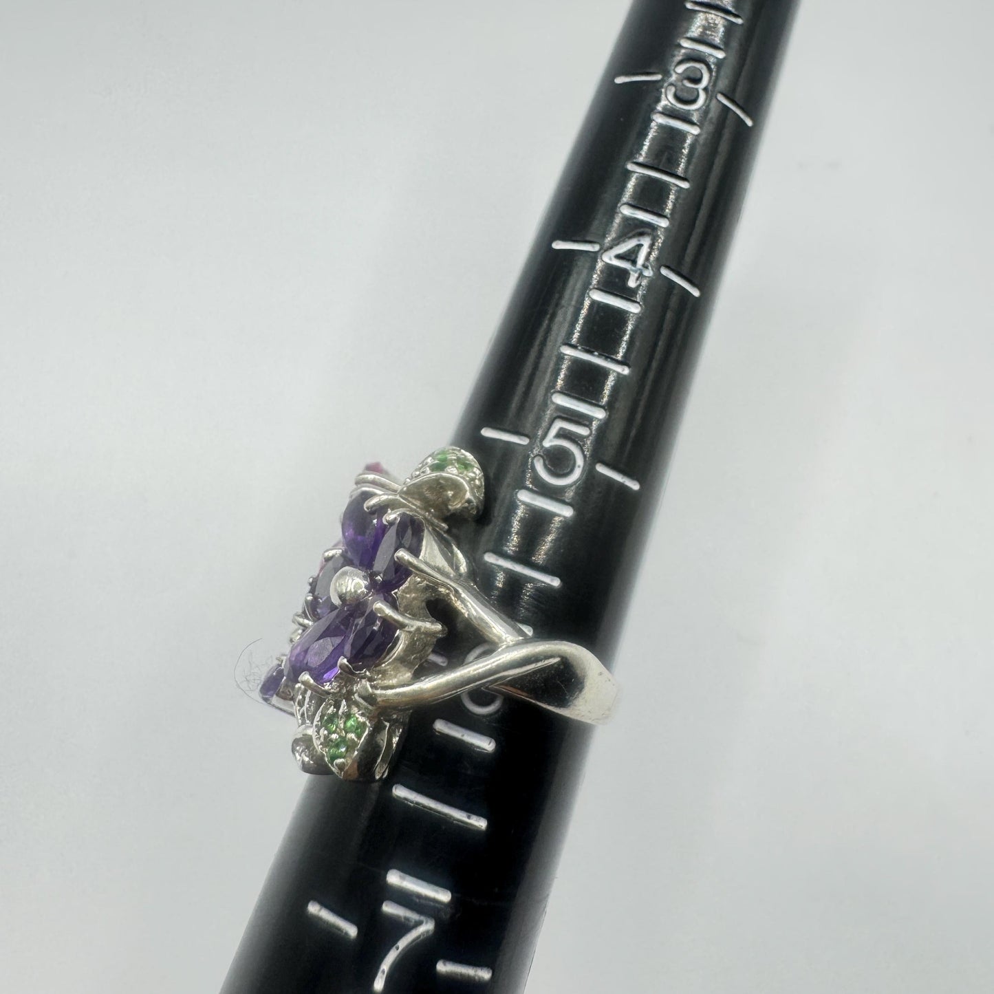 Vintage Purple Amethyst and Tourmaline Flower Ring 925 Sterling Silver Size 6