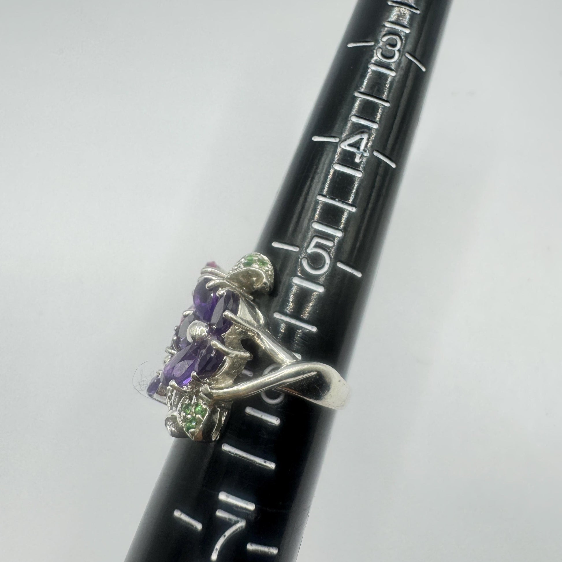 Vintage Purple Amethyst and Tourmaline Flower Ring 925 Sterling Silver Size 6