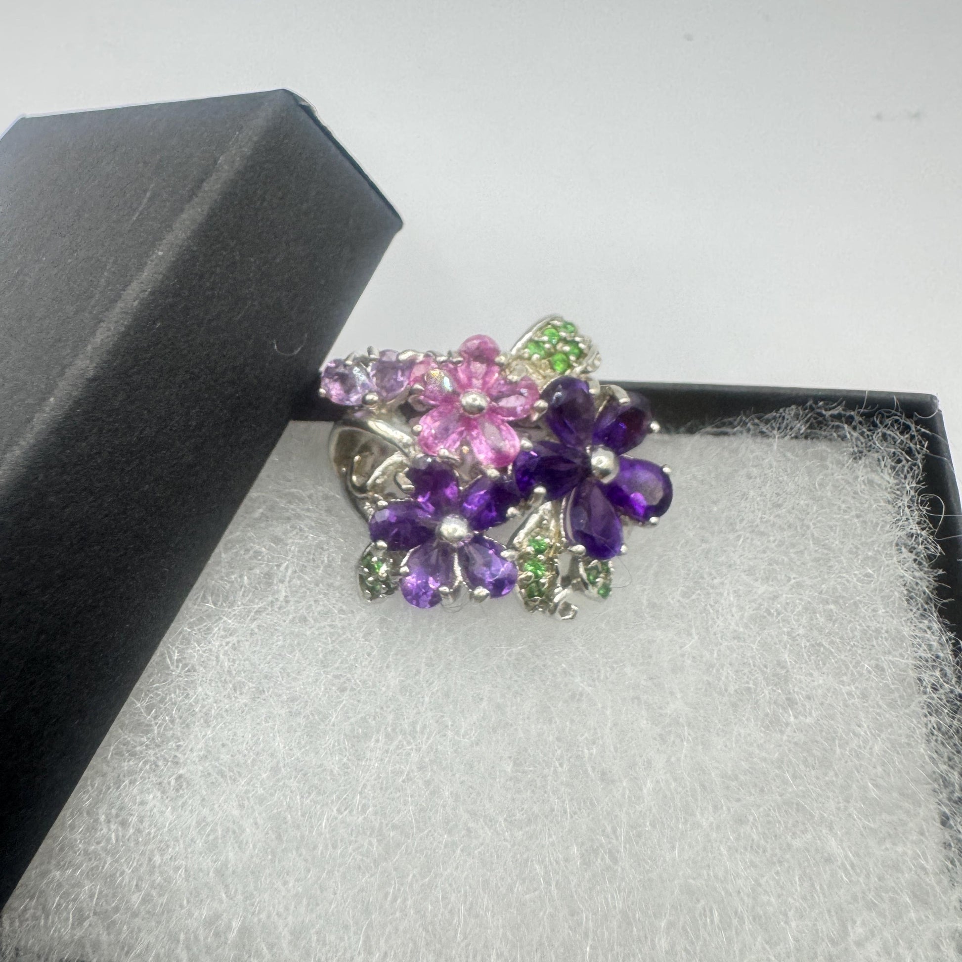 Vintage Purple Amethyst and Tourmaline Flower Ring 925 Sterling Silver Size 6