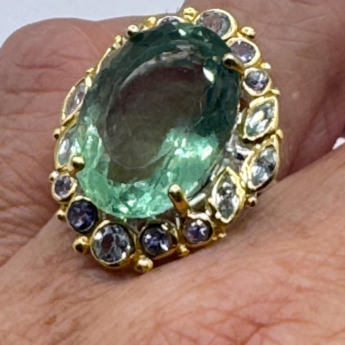 Vintage Handmade Genuine Green Flourite White Sapphire Setting 925 Sterling Silver Ring