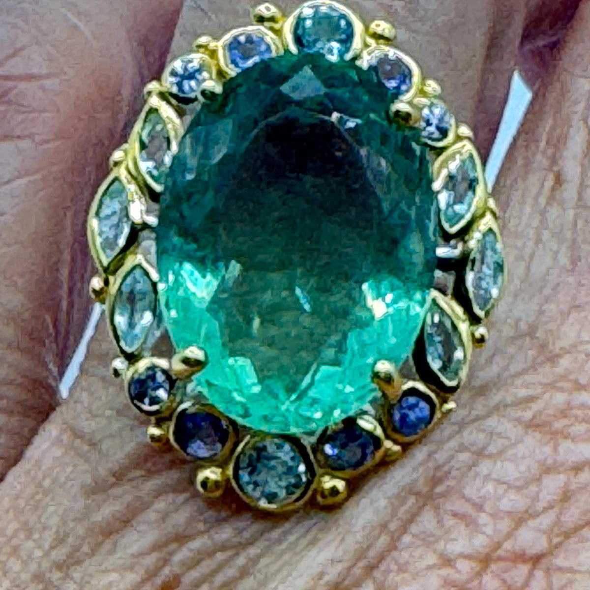 Vintage Handmade Genuine Green Flourite White Sapphire Setting 925 Sterling Silver Ring