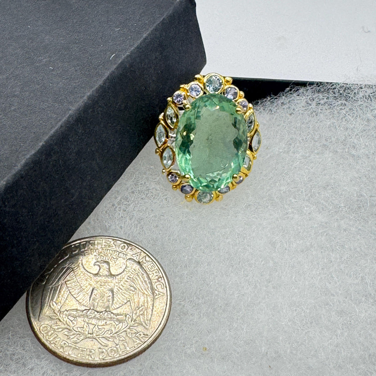 Vintage Handmade Genuine Green Flourite White Sapphire Setting 925 Sterling Silver Ring