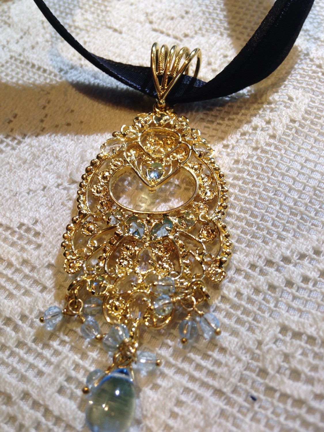 Vintage Aquamarine Golden 925 Sterling Filigree Choker Pendant Necklace
