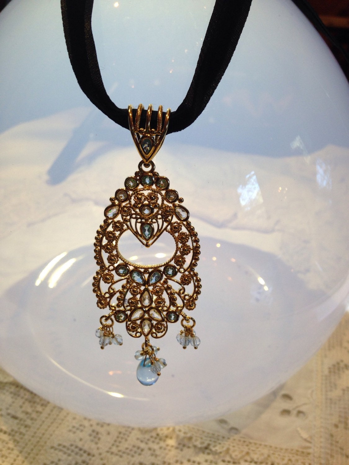 Vintage Aquamarine Golden 925 Sterling Filigree Choker Pendant Necklace
