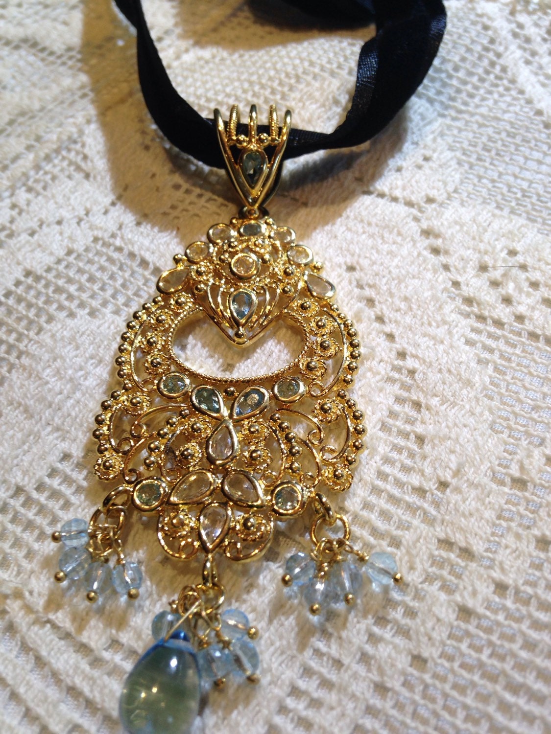 Vintage Aquamarine Golden 925 Sterling Filigree Choker Pendant Necklace