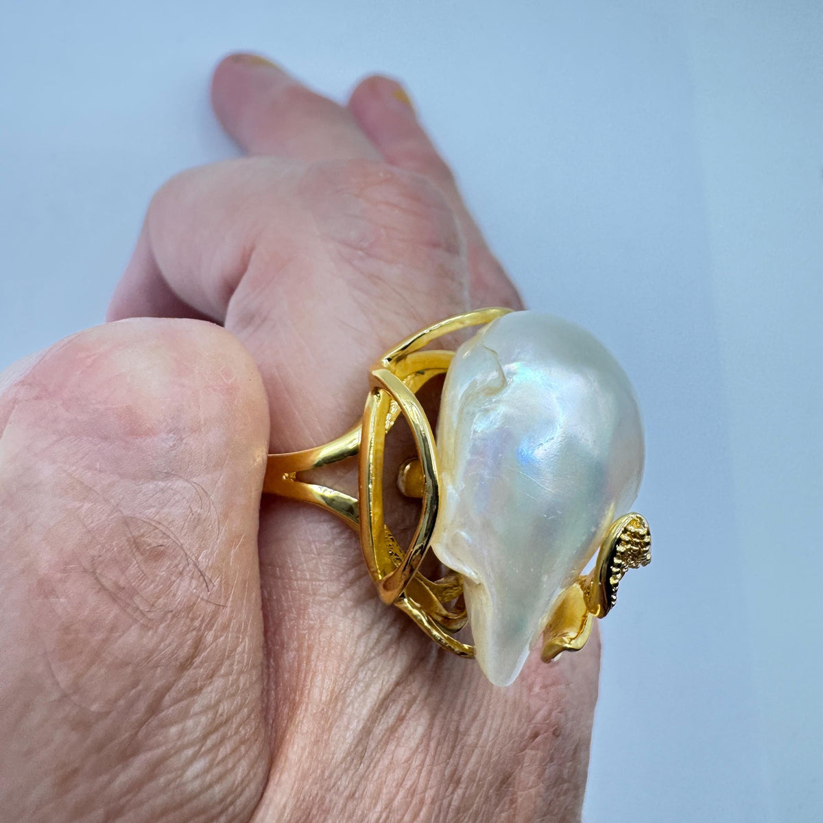 Vintage Biwa Pearl Ring Golden 925 Sterling Silver Cocktail Statement Adjustable