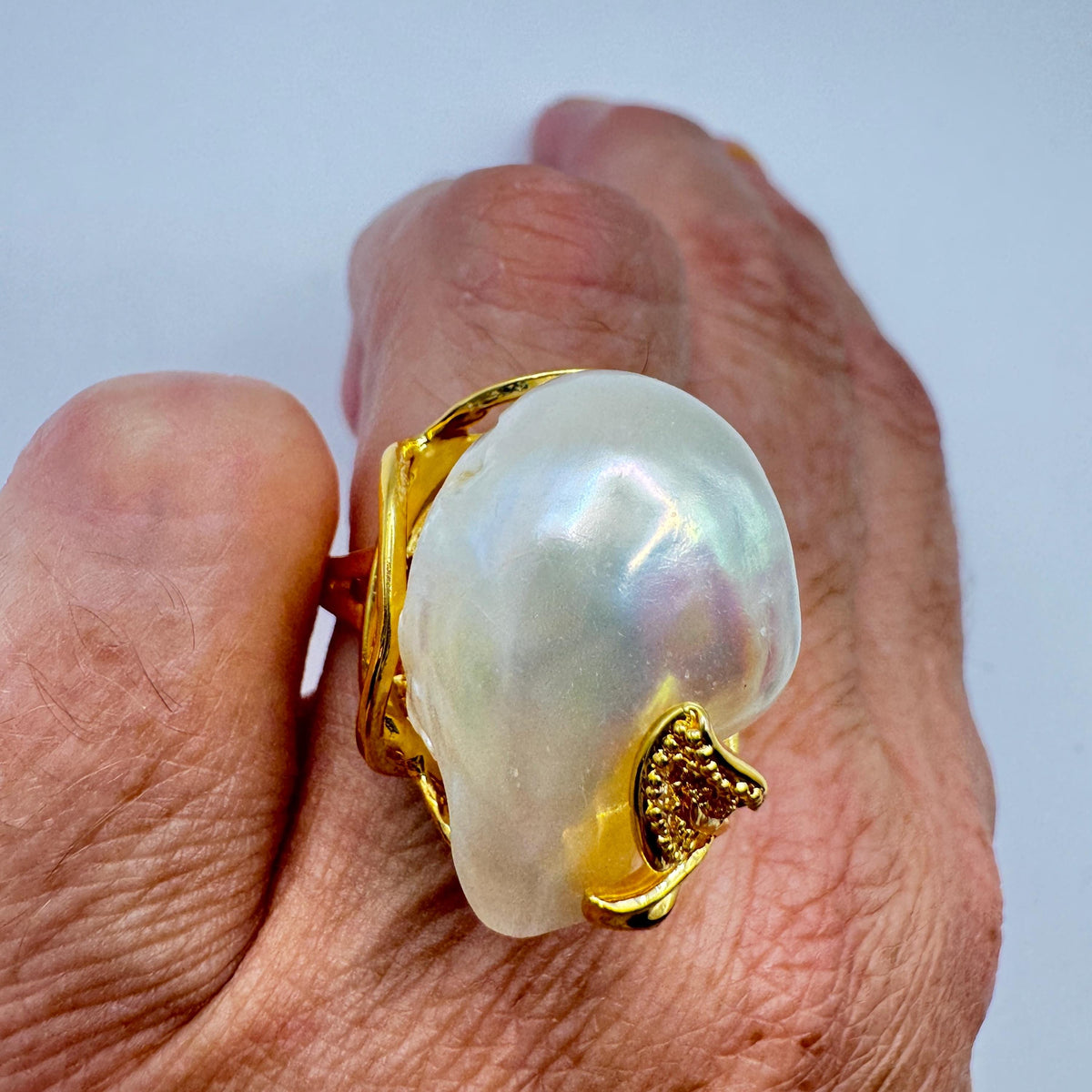 Vintage Biwa Pearl Ring Golden 925 Sterling Silver Cocktail Statement Adjustable