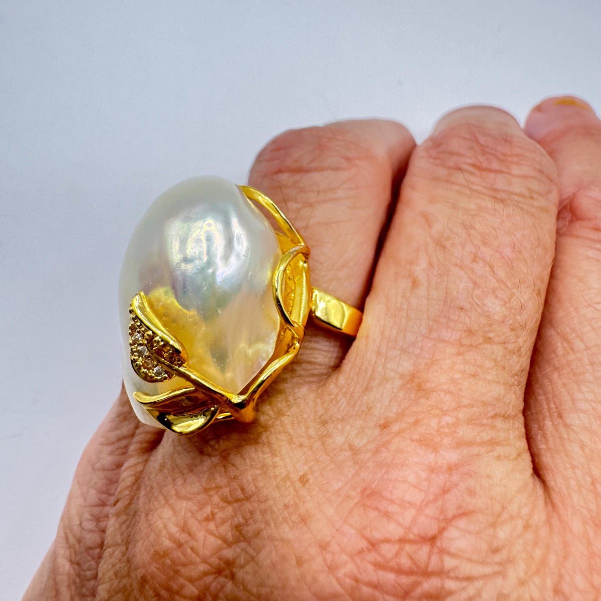 Vintage Biwa Pearl Ring Golden 925 Sterling Silver Cocktail Statement Adjustable