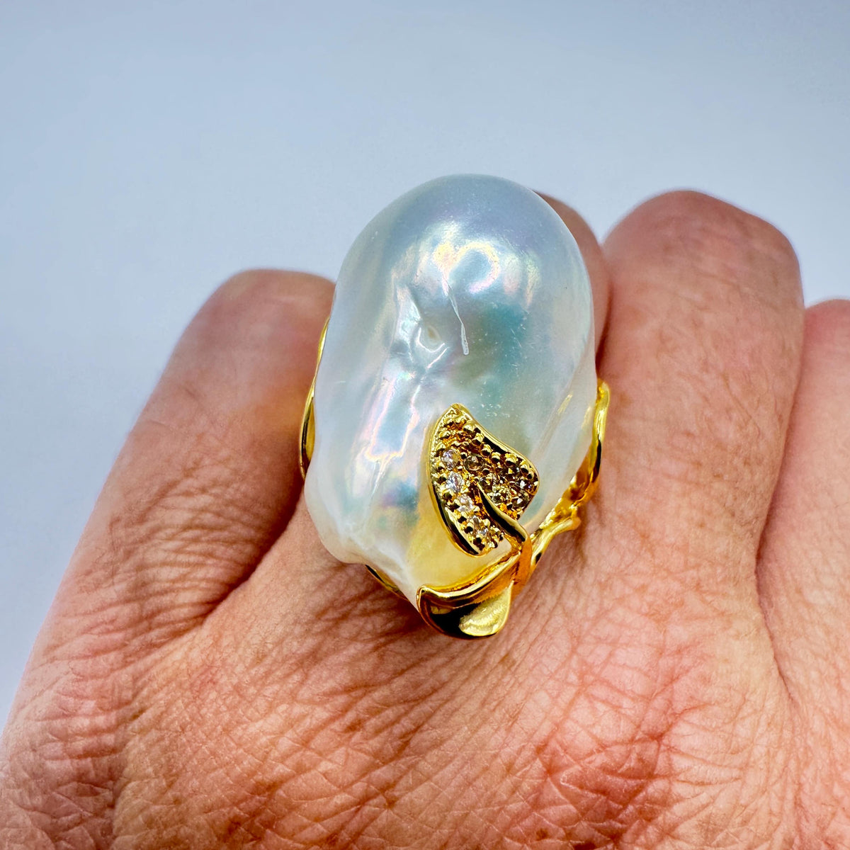 Vintage Biwa Pearl Ring Golden 925 Sterling Silver Cocktail Statement Adjustable
