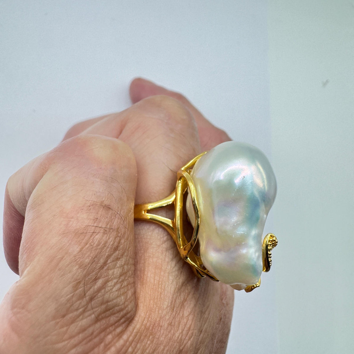 Vintage Biwa Pearl Ring Golden 925 Sterling Silver Cocktail Statement Adjustable