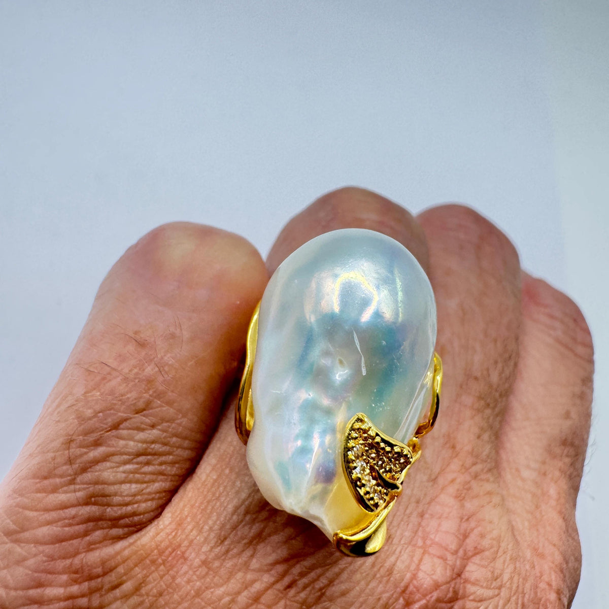 Vintage Biwa Pearl Ring Golden 925 Sterling Silver Cocktail Statement Adjustable
