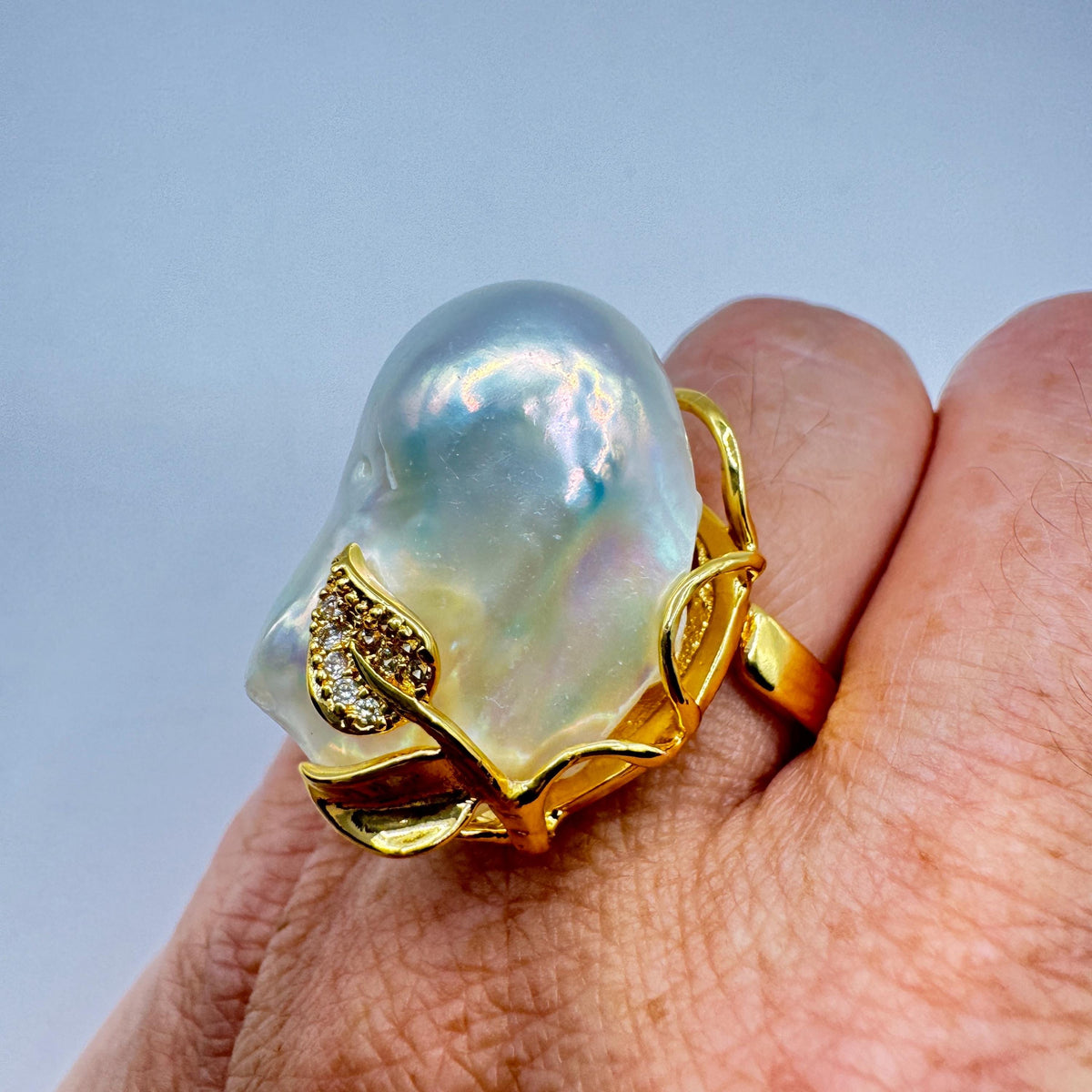 Vintage Biwa Pearl Ring Golden 925 Sterling Silver Cocktail Statement Adjustable