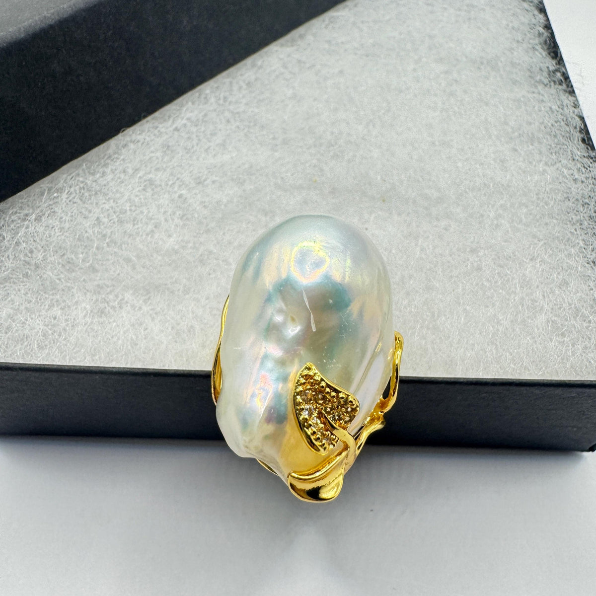 Vintage Biwa Pearl Ring Golden 925 Sterling Silver Cocktail Statement Adjustable