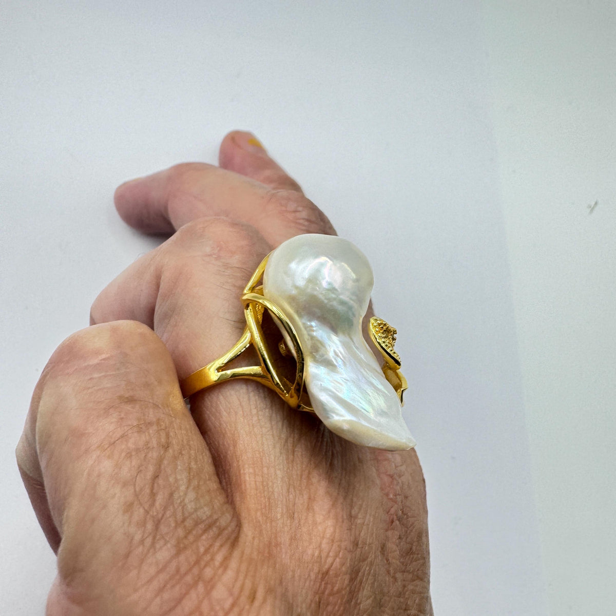 Vintage Biwa Pearl Ring Golden 925 Sterling Silver Cocktail Statement Adjustable