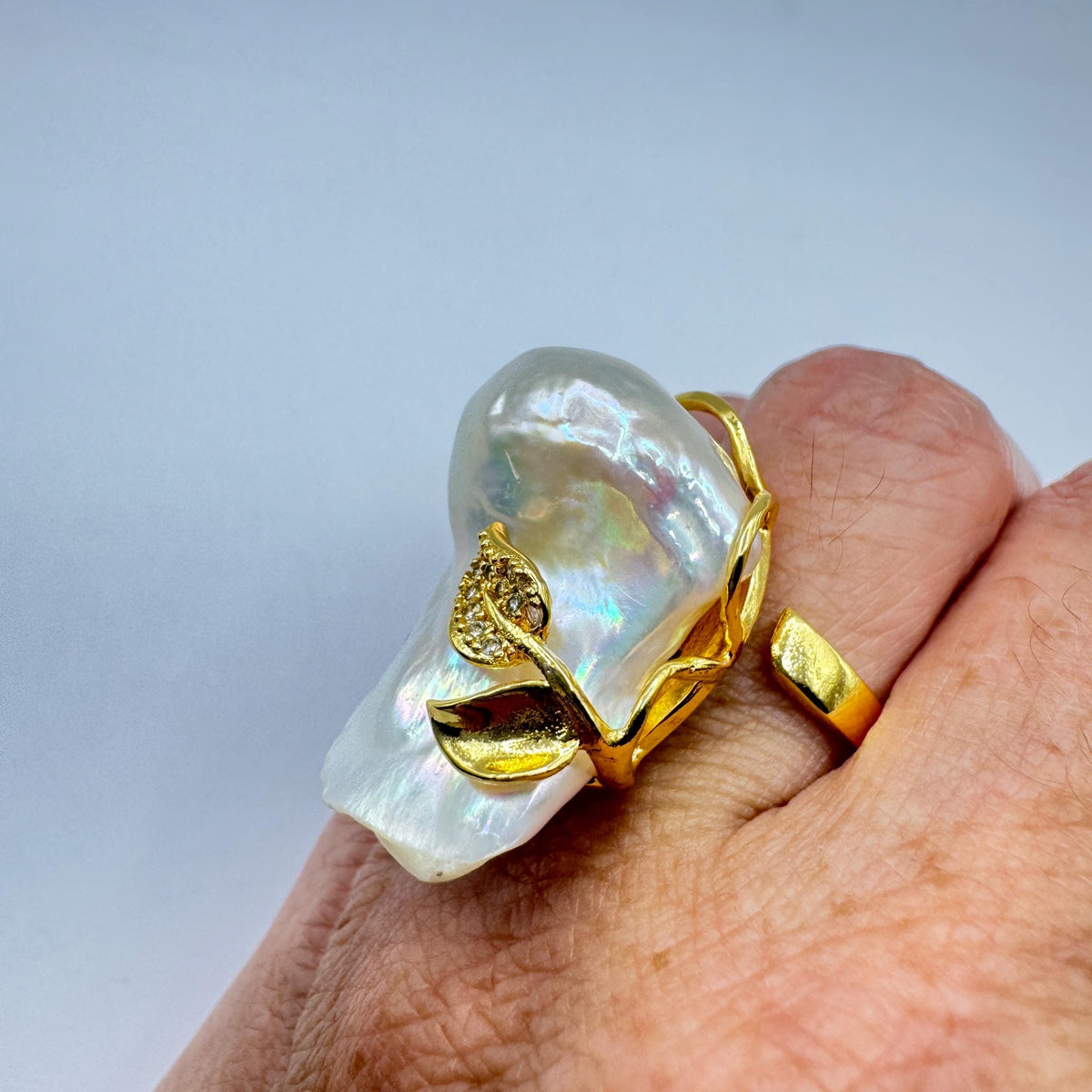 Vintage Biwa Pearl Ring Golden 925 Sterling Silver Cocktail Statement Adjustable