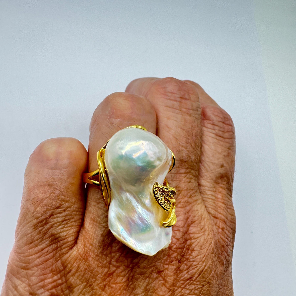 Vintage Biwa Pearl Ring Golden 925 Sterling Silver Cocktail Statement Adjustable