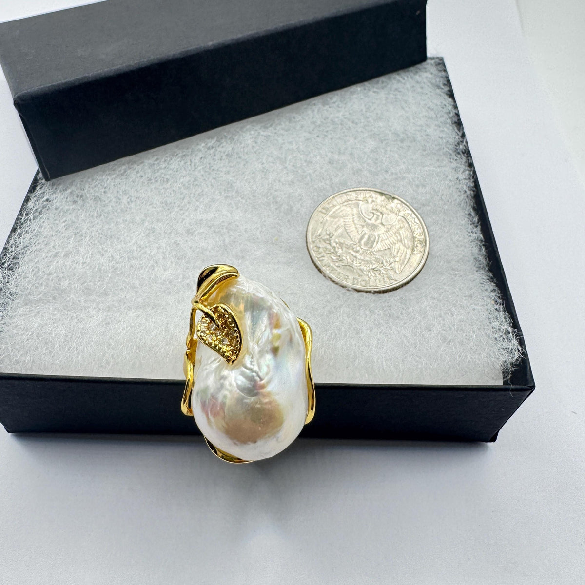 Vintage Biwa Pearl Ring Golden 925 Sterling Silver Cocktail Statement Adjustable
