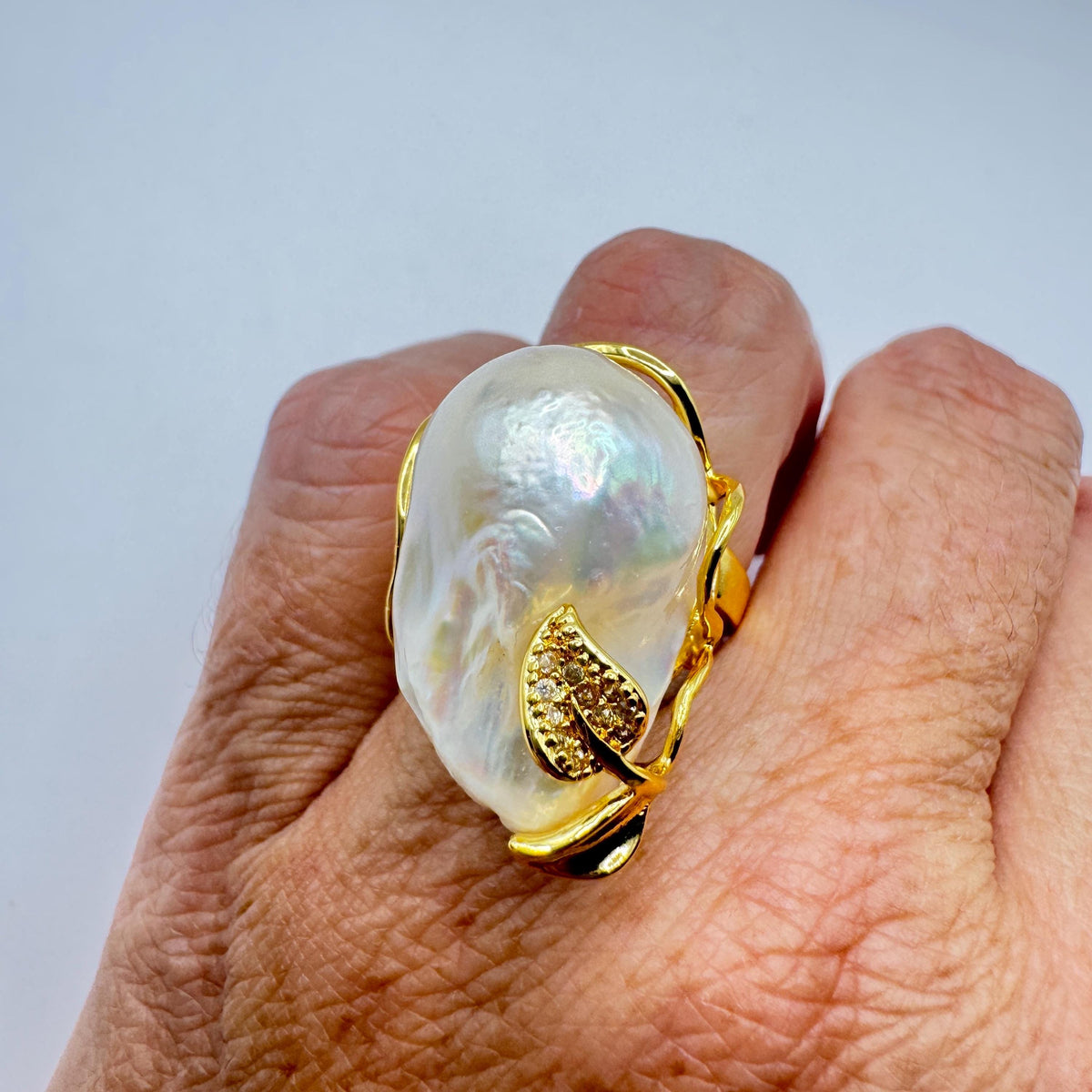 Vintage Biwa Pearl Ring Golden 925 Sterling Silver Cocktail Statement Adjustable