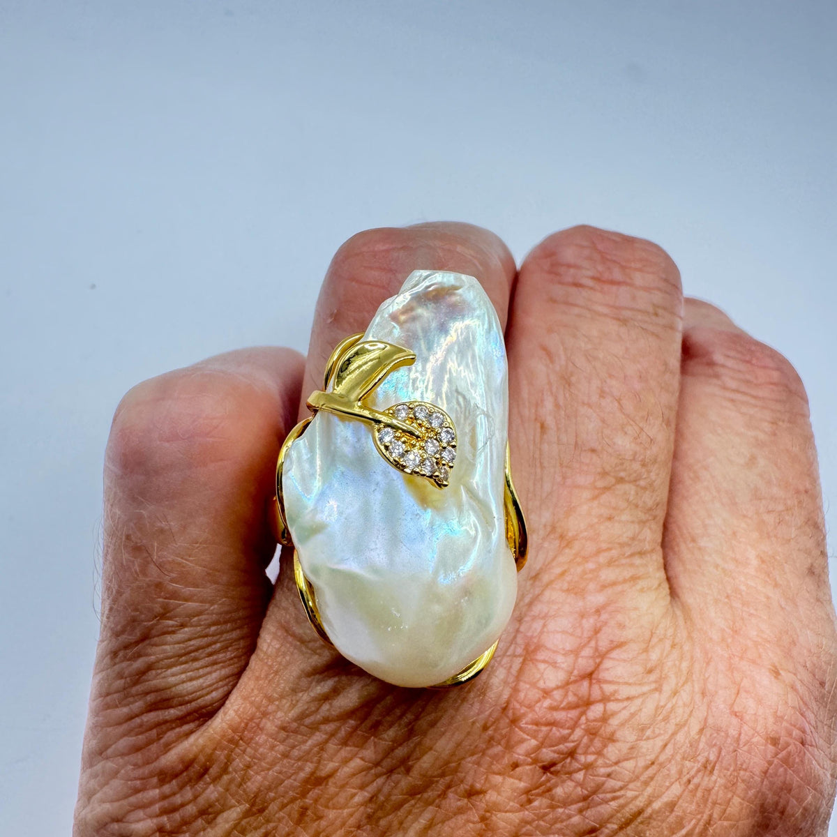 Vintage Biwa Pearl Ring Golden 925 Sterling Silver Cocktail Statement Adjustable